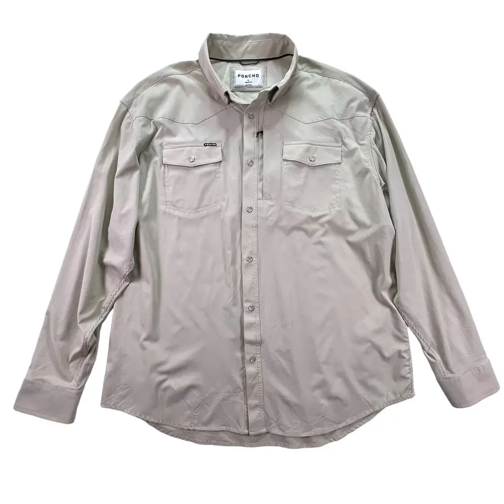 Poncho Pecos Pearl Snap Shirt Mens XL L/S Khaki Tan Western Fishing Performance - Picture 5 of 16
